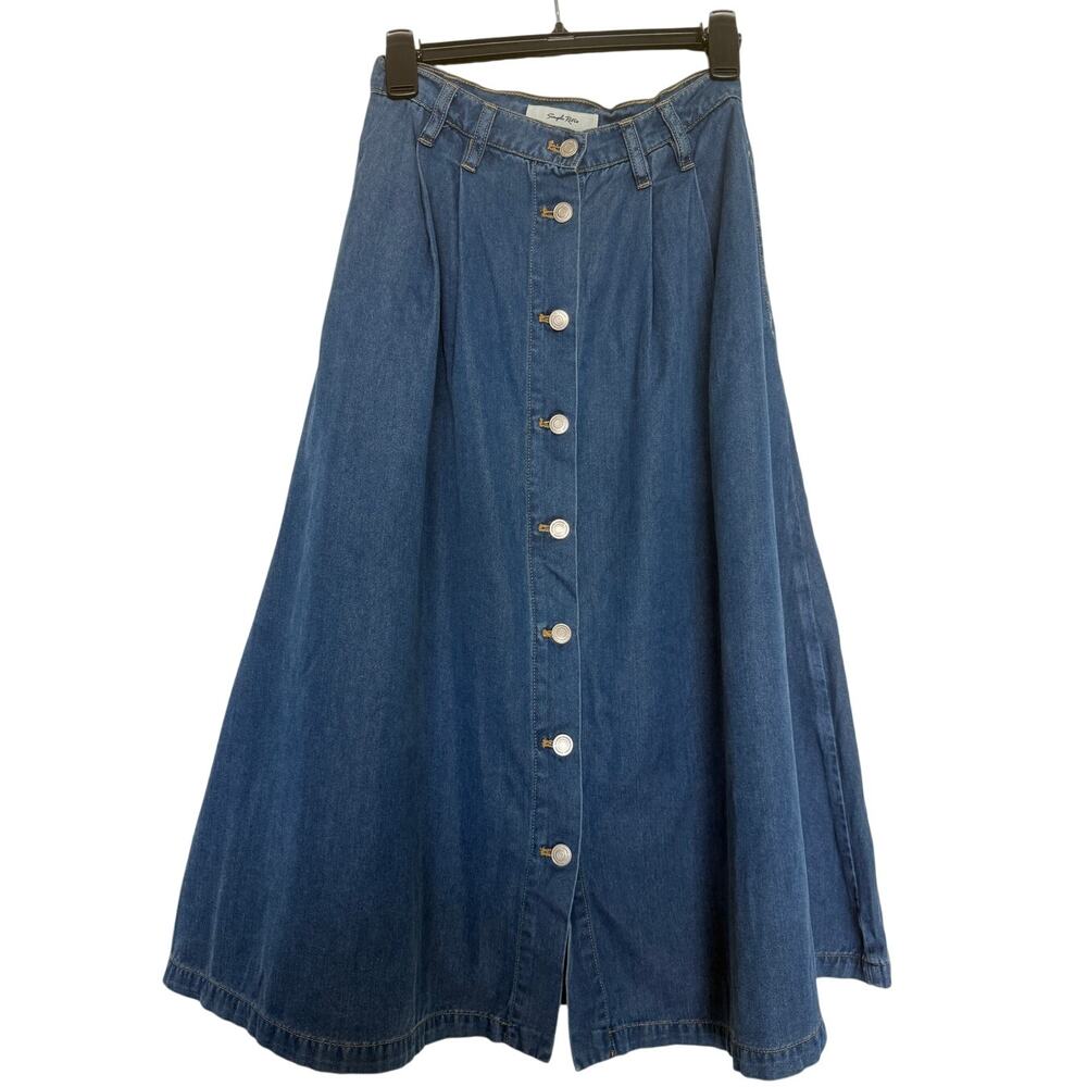 Simple Retro M Blue Button Front Denim Midi Skirt 100% Tencel A-Line Pockets